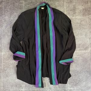 Women's Vintage 80s Synari USA Black Purple Green Kimono Open Duster Shirt Sz 16